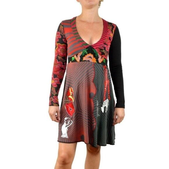 Vintage Desigual V-Neck Multicolored Multi Pattern Graffiti Size M Womens Dress - Picture 1 of 12